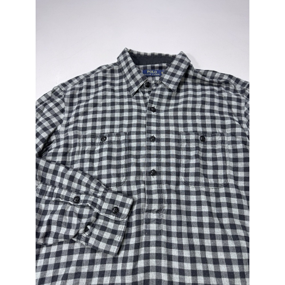 Polo Ralph Lauren Popover Shirt Grey Black Check Men's XL Flannel Long Sleeve